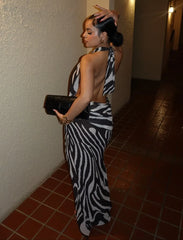 Zebra Print Halter Open Back High Slit Bodycon Evening Maxi Dress