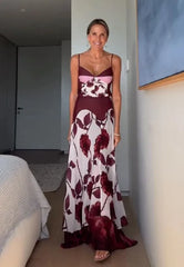 Burgundy Rose Print Spaghetti Strap Maxi Dress | Retro Vibes Vacation Chiffon Dress