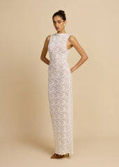 Sleeveless Crew Neck Lace Sheer Back Slit Maxi Evening Dress