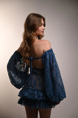 Off-Shoulder Lace Balloon Sleeve Ruffle Mini Dress