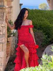Women Off Shoulder Ruffle Ruched High Slit Tiered Ruffle Polka Dot Chiffon Maxi Dress