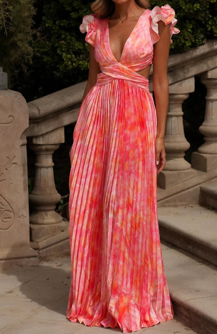 Ruffle Sleeve Deep V Cutout Criss Cross Back Gradient Pleated Satin Maxi Dress