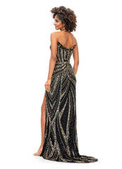 Long Fitted V Neck Slit Beaded Sequin Prom Dress Pageant Gown