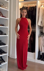 French Vintage Halter Strap Backless Waist-Cinching Red Maxi Dress | Y2K Slimming High Slit Evening Gown