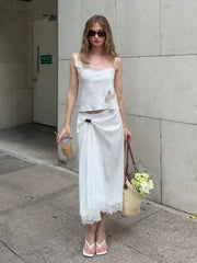 French Lazy Style Lace Patchwork Cami + Wrap Lace Hem Midi Skirt Set