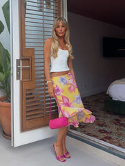 Yellow Tropical Floral Print Ruffle Midi Skirt