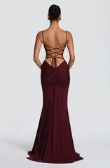 Spaghetti Strap Ruched Lace-Up Back Mermaid Gown