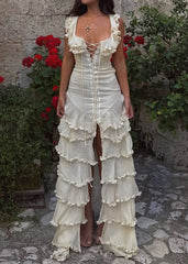 Cream Ruffle Sleeveless Lace-Up Corset Asymmetric Tiered Ruffle Maxi Dress