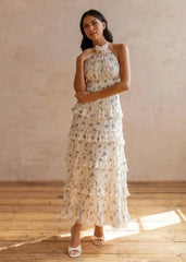 Beige Purple Floral Halter Tie-Back Backless Ruffle Maxi Dress | Vacation Style Elegant Floral Dress