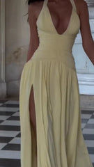 Pale Yellow Halter Deep V Ruched Slit Maxi Dress | Vacation Style Sexy Chiffon Dress