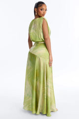 Green Watercolor V-Neck Twist Waist Slit Maxi Dress
