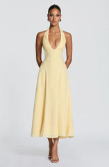 Halter Deep V-Neck Ruched A-Line Midi Dress