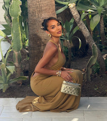 Khaki Halter Open-Back Draped Maxi Dress