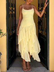 Light Yellow Cami Strap Asymmetric Ruffle Midi Dress