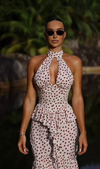 Polka Dot Halter Cutout Ruffle Hem Mermaid Trailing Maxi Dress