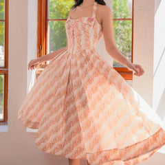 Pink & White Gingham Floral Lace-Up Flared Midi Dress