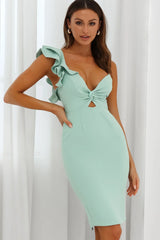 Iris Twist Bust Ruffle Shoulder Knee Length Dress Mint