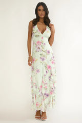 Elenya Strappy Back Ruffle Trim Maxi Dress Mint Floral