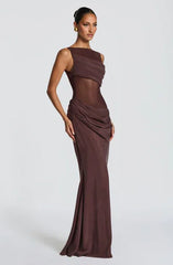Dark Brown Sleeveless Sheer Mesh Waist Ruched Bodycon Mermaid Evening Maxi Dress