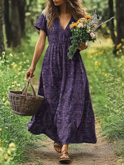 Women's Art Painting Purple Floral Vintage Print V-Neck Short Sleeve Dress
