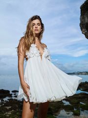 White 3D Floral Deep V Strappy Chiffon Vacation Mini Dress