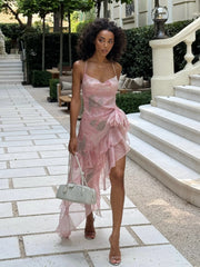 Abstract Print Asymmetric Draped Ruffle Dress