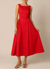 Sleeveless Boat Neck Open Back Solid A-Line Midi Dress