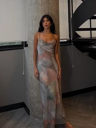 Tie-Dye Print Cowl Neck Open Back Cami Maxi Dress | Elegant Bodycon Evening Gown