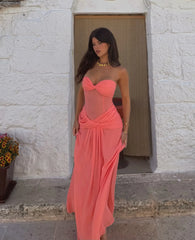 Coral Pink Strapless Twist Bust Corset Sheer Waist Draped Maxi Dress