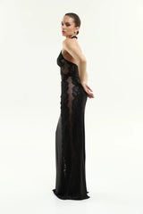 Halter Neck Lace Sheer Panel Form-Fitting Evening Gown