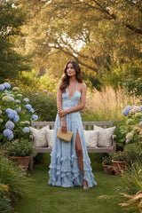 Pearl-Trimmed Halter Maxi Gown with Floral Print & High Slit