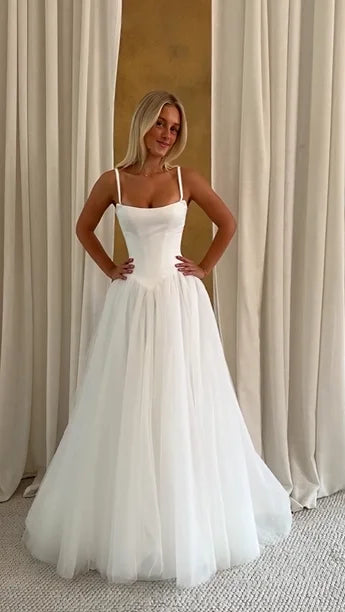 White Cami Fitted Waist Tulle Ball Gown Wedding Dress | French Minimalist Sleeveless Bridal Gown