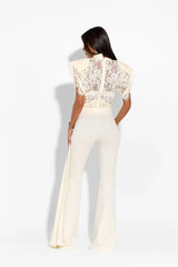 Lace High Neck Puff Sleeve Top & Draped Flared Pants Set