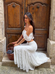 White Lace Off-Shoulder Ruffle Top & Spliced Mermaid Skirt Set