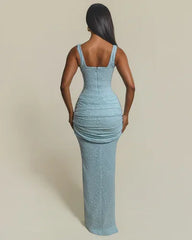 French Luxury Ice Blue Lace Corset Tie Detail Mermaid Maxi Dress