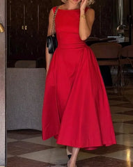 Sleeveless Boat Neck Open Back Solid A-Line Midi Dress