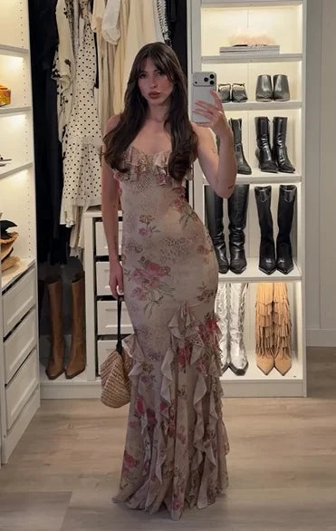 Beige Vintage Floral Print Strapless Ruffled Hem Mermaid Maxi Dress
