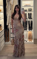 Beige Vintage Floral Print Strapless Ruffled Hem Mermaid Maxi Dress