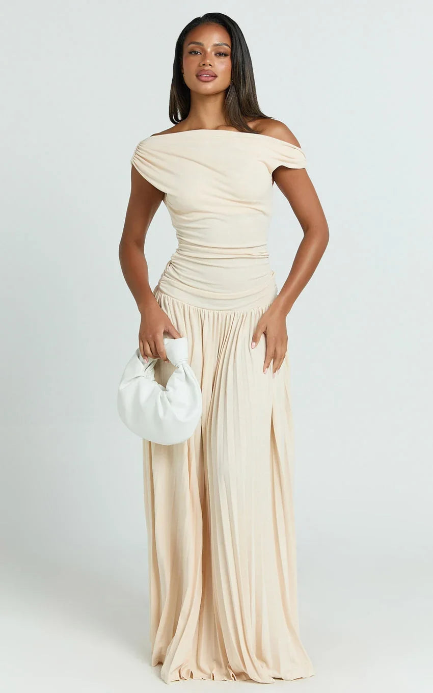 Yvonne Maxi Dress - Pleat Skirt Tip Shoulder Ruched Dress in Off White