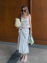 French Lazy Style Lace Patchwork Cami + Wrap Lace Hem Midi Skirt Set