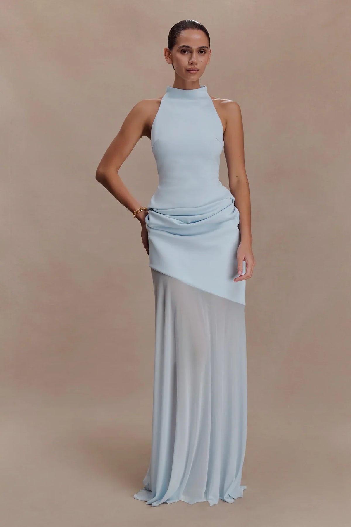 Light Blue Halter Neck Waist-Cinched Asymmetrical Chiffon Maxi Dress | Luxury Elegant Evening Gown