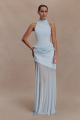 Light Blue Halter Neck Waist-Cinched Asymmetrical Chiffon Maxi Dress | Luxury Elegant Evening Gown