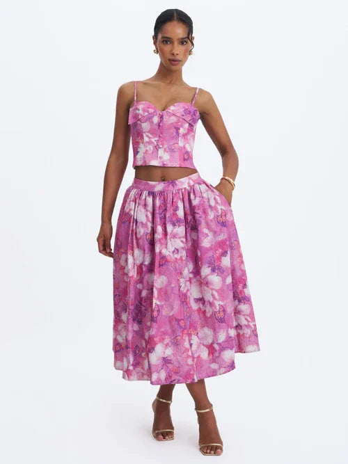 Pink Watercolor Floral Print Cami Crop Top & Midi Skirt Two-Piece Set