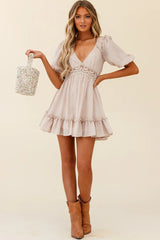 Everleigh Milkmaid Sleeve Exposed Back Dress Beige