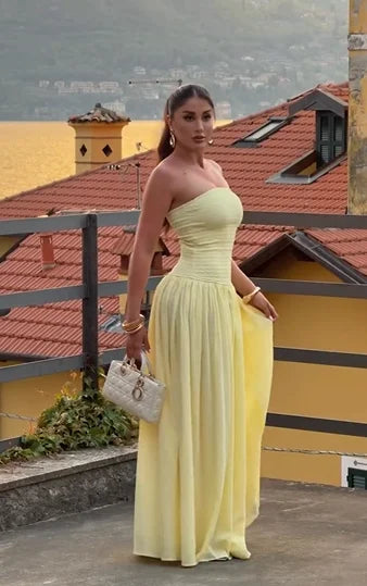 Strapless Waisted Chiffon Flared Maxi Dress