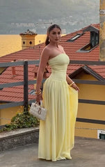 Strapless Waisted Chiffon Flared Maxi Dress