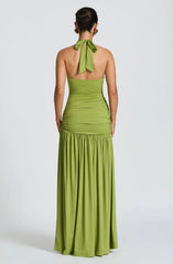 Sexy Halter Metallic Floral Accent High-Slit Floor-Length Maxi Dress