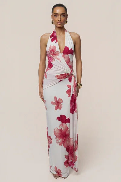 Halter Deep V Twist-Knot Floral Bodycon Maxi Dress