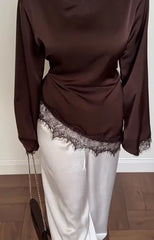 Satin Lace Trim Tie-Waist Flare Sleeve Top Collection