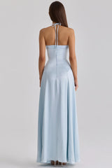 Light Blue Satin Halter Tie-Waist Flared Maxi Gown